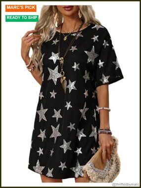 Sequin Star Sparkly Short Sleeve Summer Dress Concert Outfit